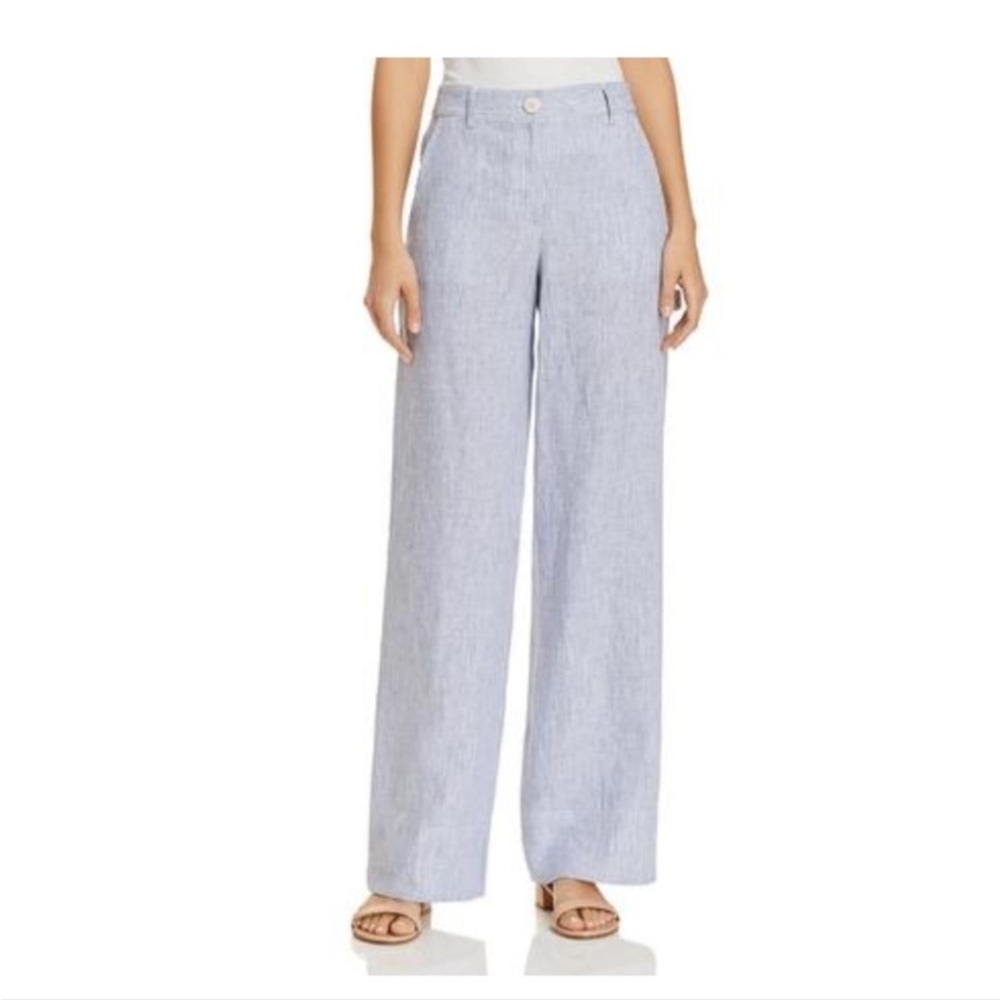 THEORY Carpenter Pants Linen Stripe Blue and White Wide Leg